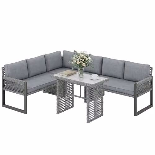 Outsunny 6 Seater Rattan Garden Furniture Set with 4 Piece Grey Polyrattan Design and Glass Table
