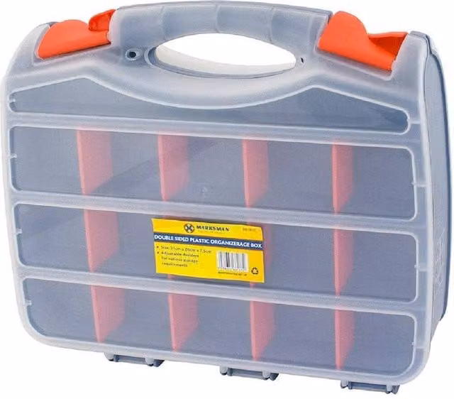 Marksman 2-Sided Plastic Tool Box Organiser with 31 Compartments in Grey, Orange and Transparent – 1