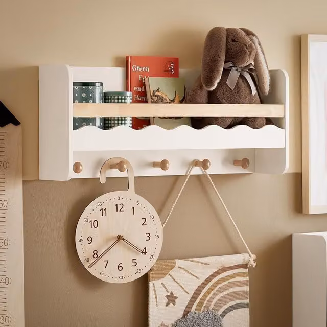 SoBuy Kids Wall Mounted Wood Shelf with 5 Hooks in White