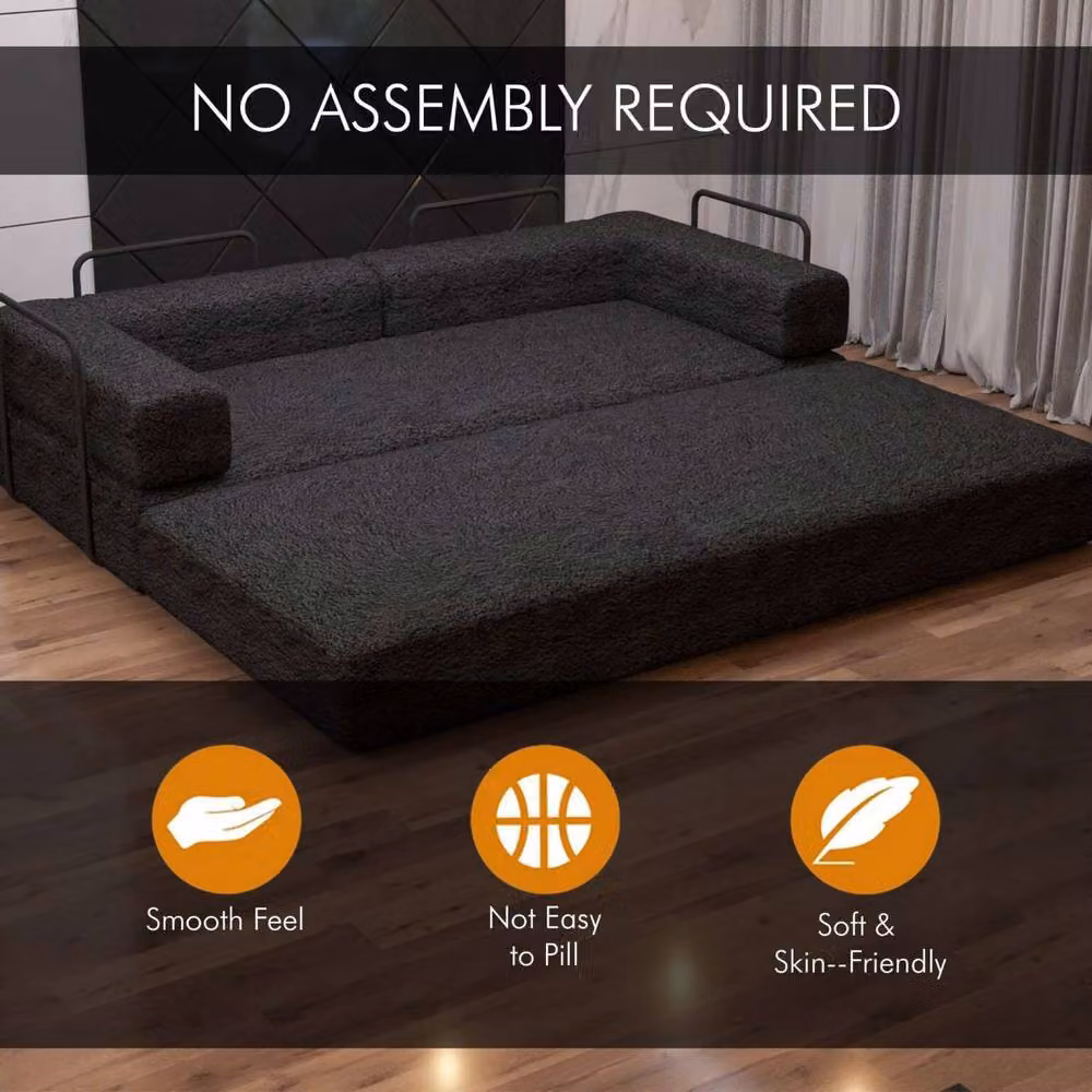 Sliding Wardrobes 4U 3 Seater Convertible Sofa Bed in Black Sherpa Fabric with Metal Frame – 2