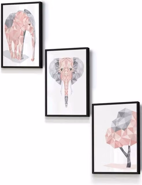 ARTZE Geometric Elephant Set Framed Wall Art in Pink, Grey and Black, W: 33 cm, H: 45 cm, D: 2 cm