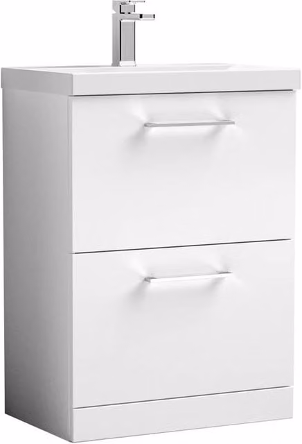 Balterley Modern Gloss White 2 Drawer Floor Standing Bathroom Vanity Unit with Rectangular Mid-Edge Basin, W: 61 cm, D: 39 cm, H: 84 cm