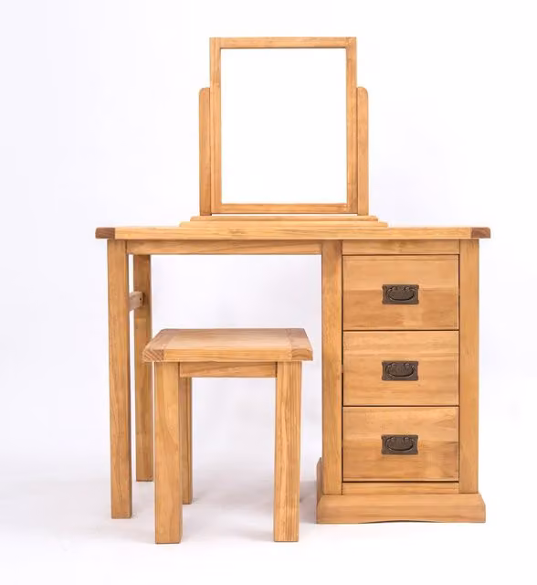 Cabinet Bits Lucca 3 Drawer Dressing Table Set in Waxed Brown Pine with Antique Brass Drop Handles