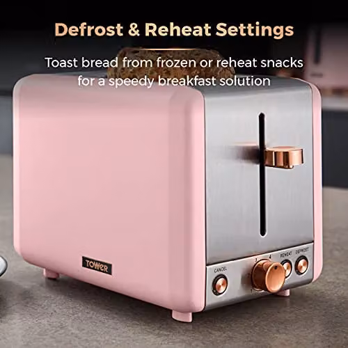 Tower Cavaletto 2-Slice Toaster in Pink, Black and Gold with Stainless Steel Finish and Cable Storage – 3