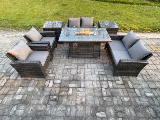Fimous Wicker PE Rattan Garden Furniture Set with Gas Firepit Dining Table and Double Seat Sofa in Dark Grey