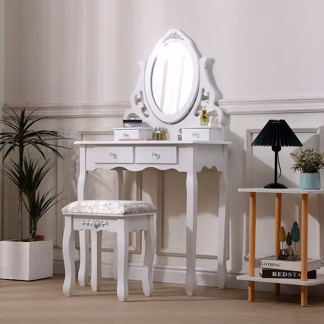 Komore Modern White Makeup Vanity Desk with Mirror and Stool