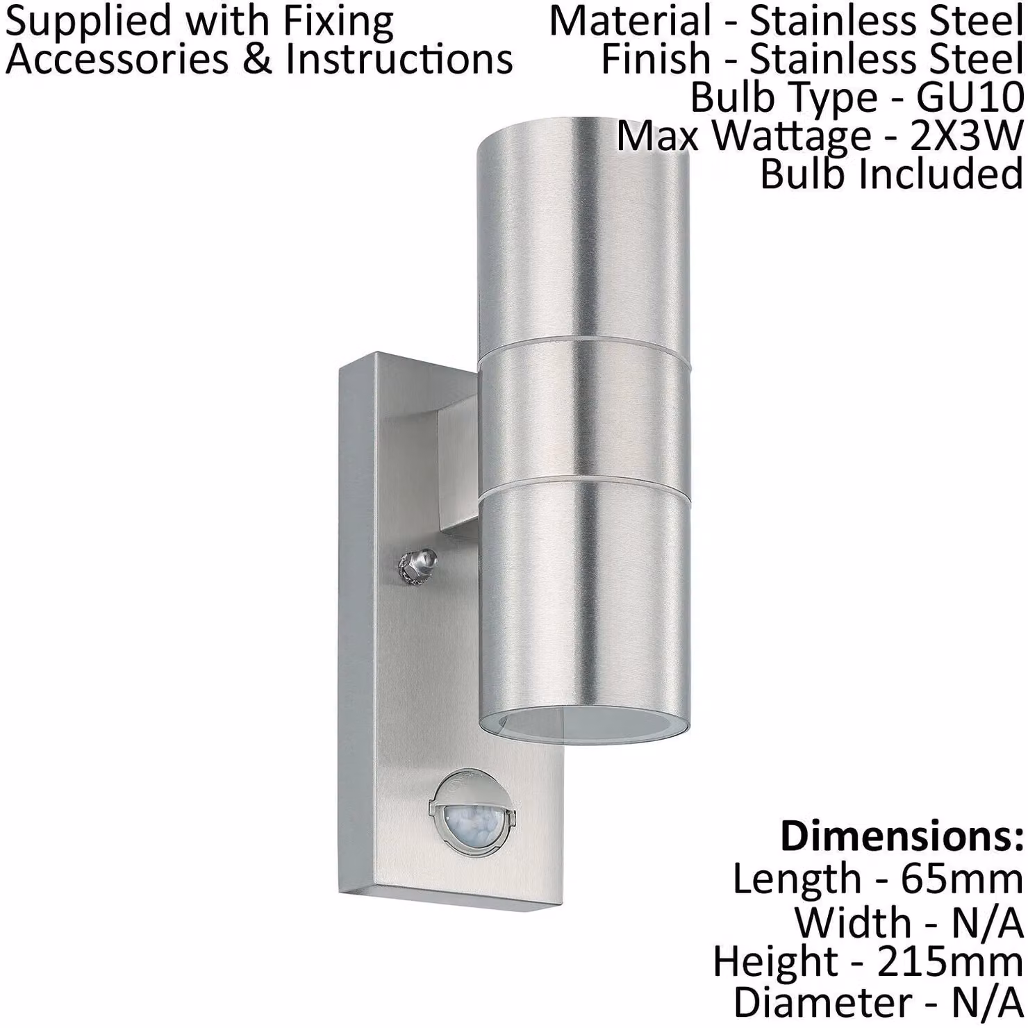 Loops IP44 Outdoor Wall Light with PIR Motion Sensor in Silver Stainless Steel, includes 2 x 3W GU10 Bulbs – 2