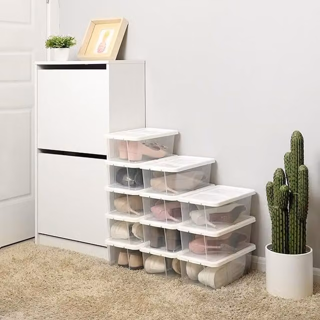 SONGMICS Set of 12 Stackable Shoe Storage Boxes with Lids, White and Transparent