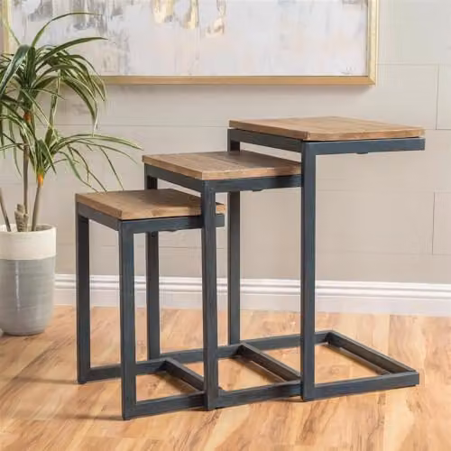 FWStyle Nest of 3 Metal Nesting Tables with Wood Effect Tops and Black Frame – 2