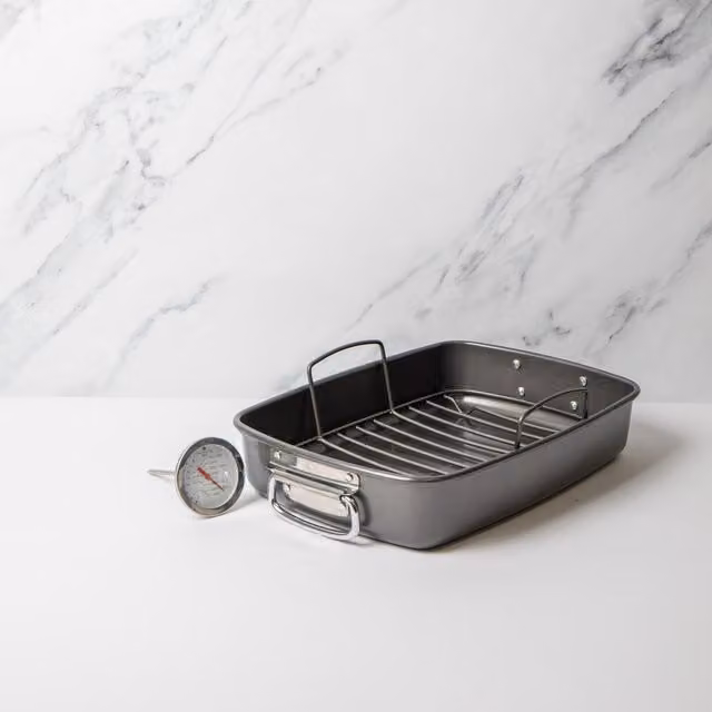 MasterClass 2-Piece Non-Stick Rectangular Roasting Set with Rack and Wireless Meat Thermometer, Grey