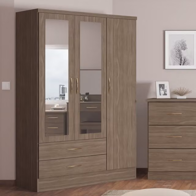 Seconique Nevada 3 Door 2 Drawer Mirrored Wardrobe in Rustic Oak Brown