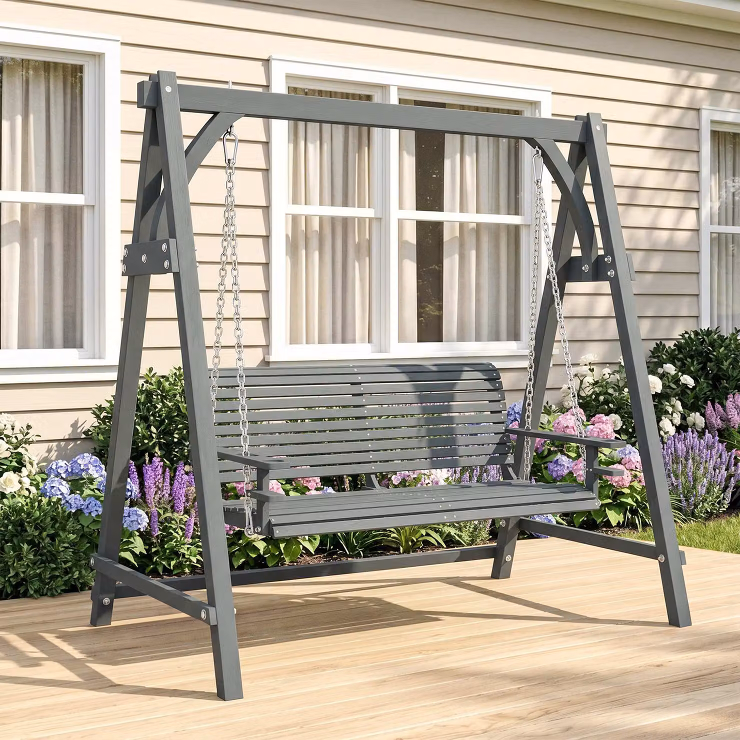 Outsunny 2 Seater Larch Wood Garden Swing Seat with Armrests and Cup Holders, Grey – 6