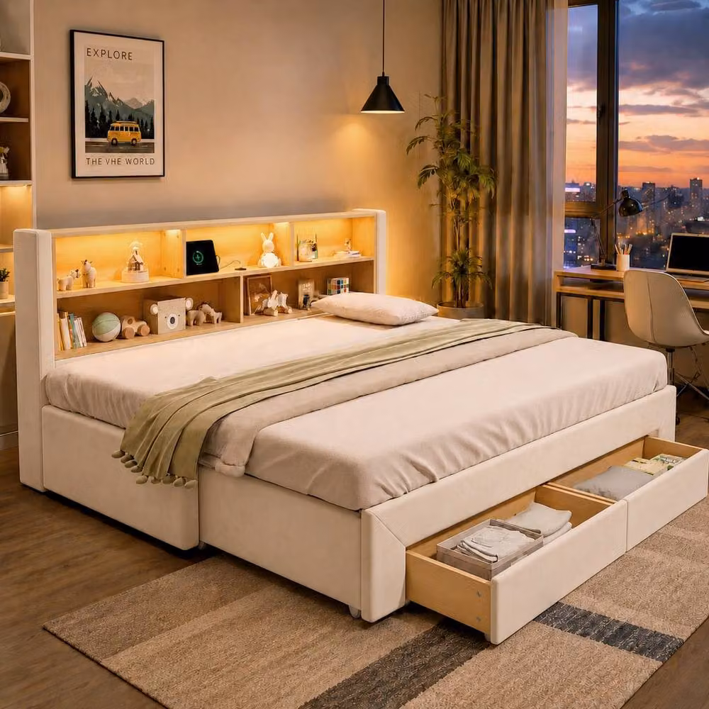 Rolipo Beige Velvet Extendable Single Sofa Bed with LED Lighting, USB Charging Port and Storage Drawers, W/D/H: 90 x 190 x 180 cm – 2