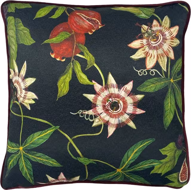 Make it a Home Figaro Floral Piped Velvet Square Cushion in Green and Black with Feather Filling