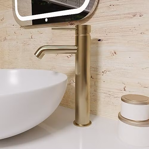 Nes Home Modern Countertop Tall Round Single Lever Basin Mono Mixer Tap in Brushed Brass – 1