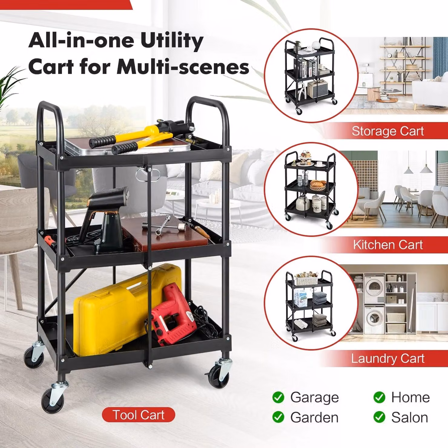 Costway 3-Tier Folding Heavy Duty Metal Tool Cart and Rolling Storage Trolley in Black – 5