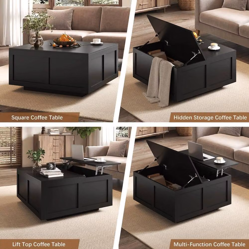Pawnora Black Modern Lift Top Coffee Table with Large Wood and Glass Storage, W: 100 cm, D: 54 cm, H: 15 cm – 5