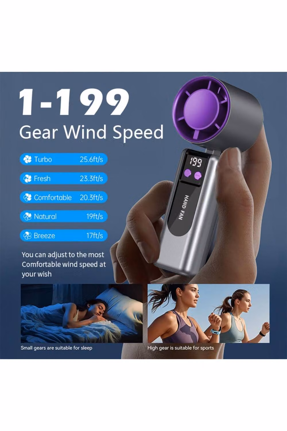 Dyzi Portable Handheld Cooling Fan with 199 Speeds, 2000mAh USB-C Rechargeable, Grey – 2