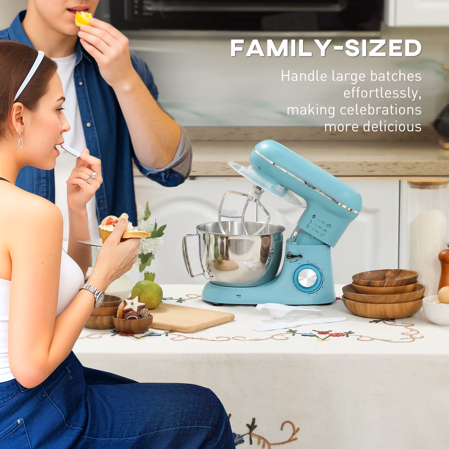 HOMCOM 1300W Kitchen Stand Mixer in Blue with 4.5L Stainless Steel Bowl, Dough Hook, Whisk and Beater – 4