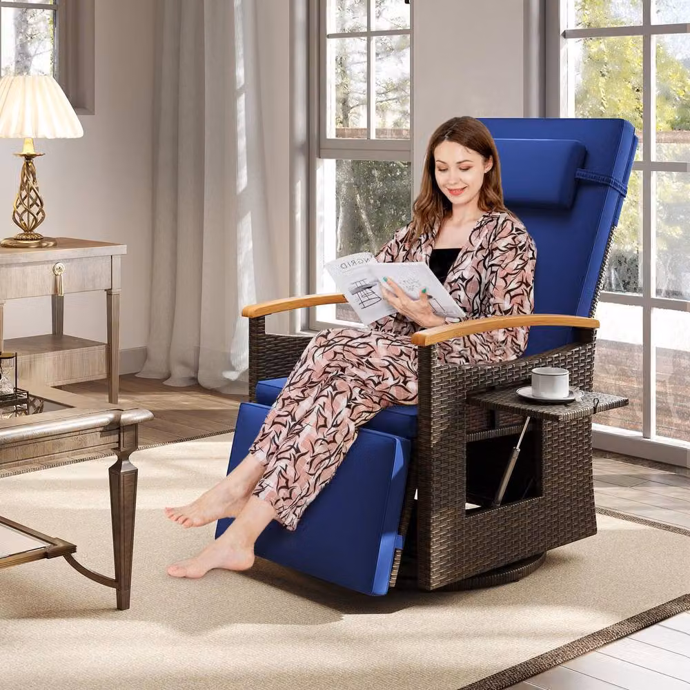 Gymax 360 Swivel Wicker Lounge Chair with Flip Side Table and Adjustable Headrest in Blue – 5