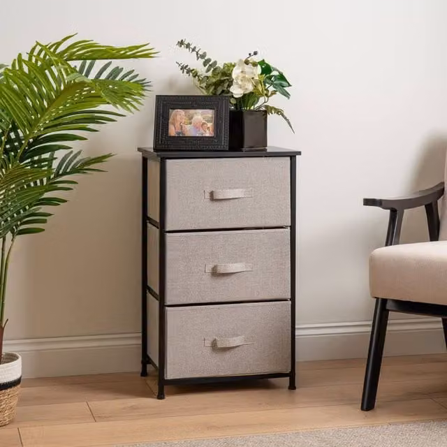 Scottish Everlastings Ltd 3 Drawer Black Cabinet with Beige Fabric Drawers, W/D/H: 73 x 30 x 45 cm – 1