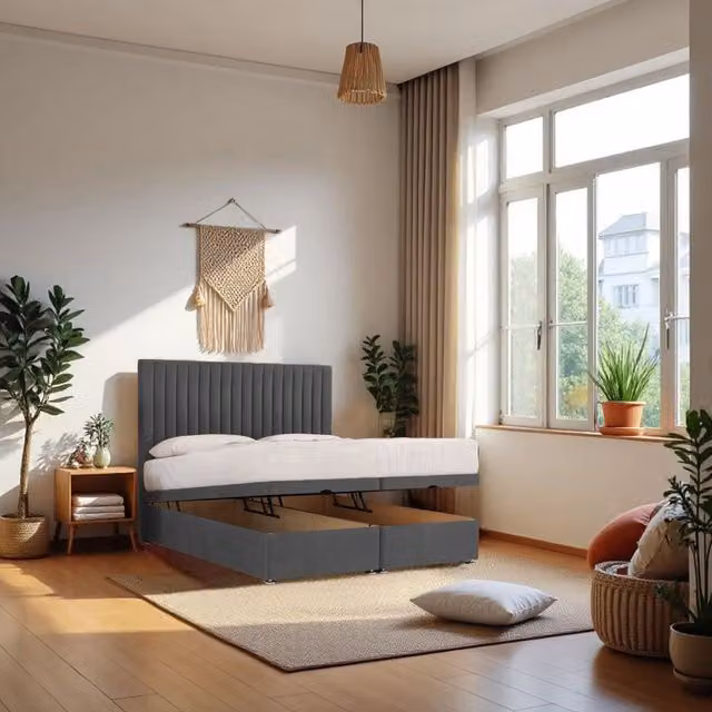 Knight Sleep Emily Single End Opening Ottoman Bed, Hybrid Mattress and 24 inch Headboard in Grey