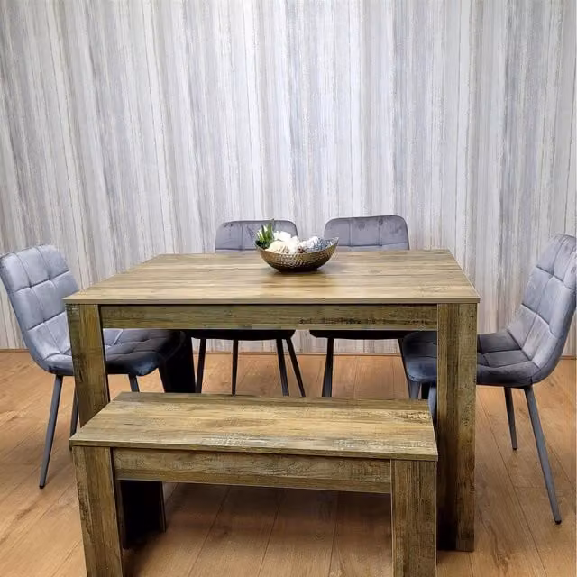 Kosy Koala Rustic Effect Dining Set with Rectangular Table, 4 Grey Velvet Chairs and Bench