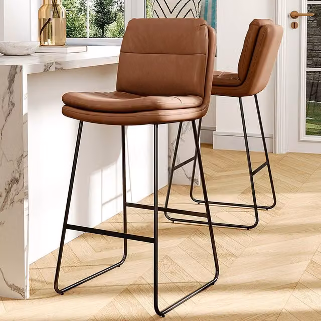 Livingandhome Set of 2 Modern Faux Leather Dining Bar Stools in Brown and Black with Metal Legs