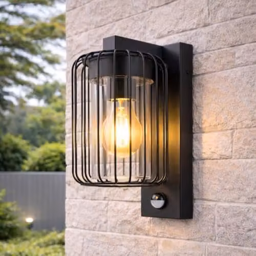 CGC Lighting Alvin Black Modern Outdoor Cage Wall Lantern with PIR Motion Sensor and E27 Bulb Holder – 1