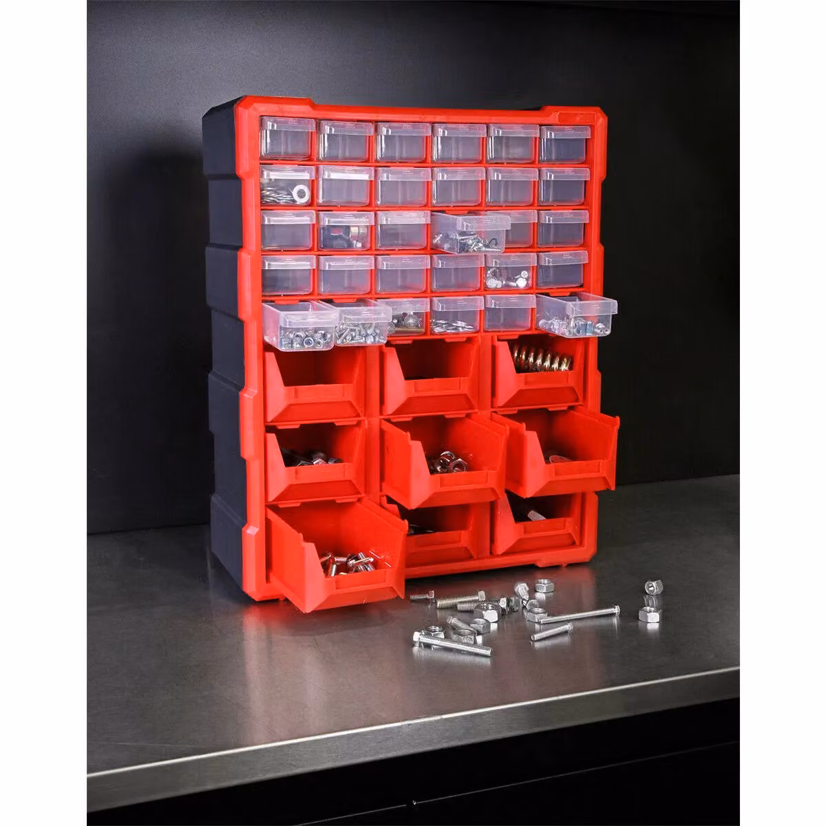 Loops 39 Drawer Parts Cabinet, Red, Wall Mounted or Standing, W: 37.5 cm, D: 16.5 cm, H: 47 cm – 3