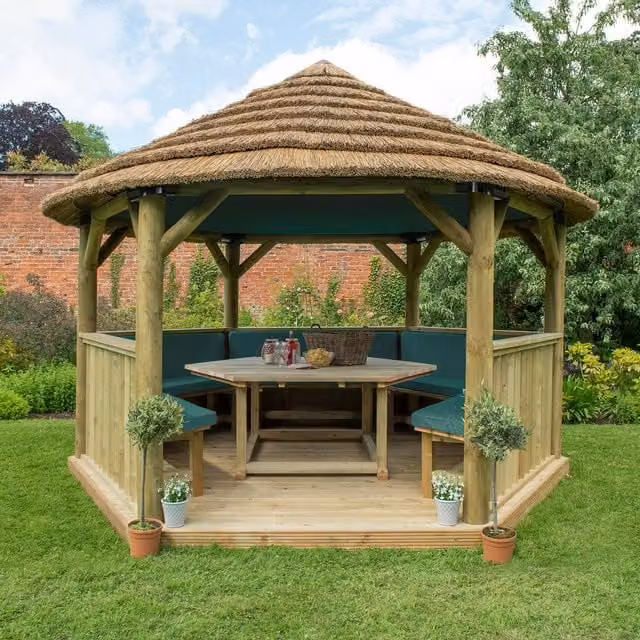 Forest Green Hexagonal Garden Gazebo with Rustic Thatched Reed Roof and Pine Wood Frame