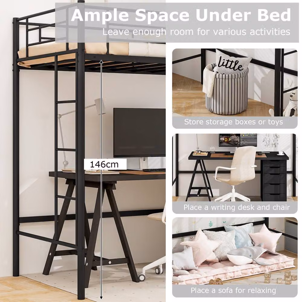 Gymax Metal Loft Bed Frame with Safety Guardrail in Black – 3