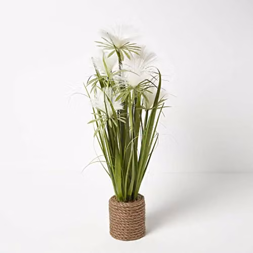 HOMESCAPES Artificial Grass Plant in a Jute Planter with Cream Flowers, Green, Height: 74 cm