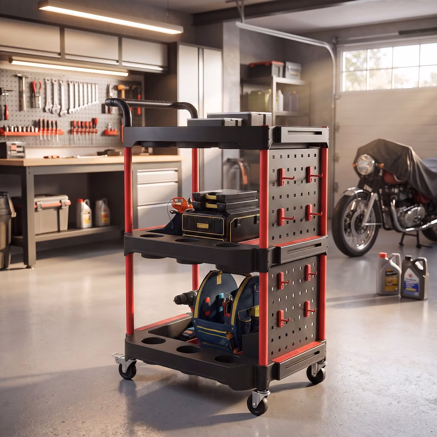 HOMCOM 3-Tier Rolling Tool Cart with Pegboard and Hooks, Black and Red Storage Trolley with Brakes – 2