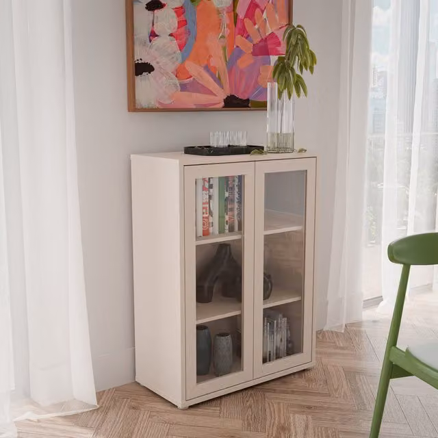 Furniture To Go Alice Springs Low Glass Fronted Cabinet in Sand with 2 Push-Open Doors