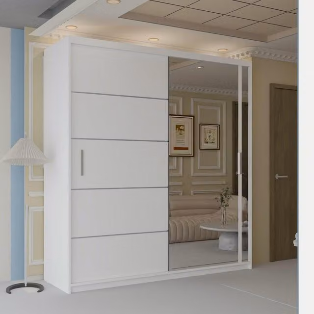 4U Velson White Glossy Sliding Door Wardrobe with Mirror W: 150 cm, H: 217 cm