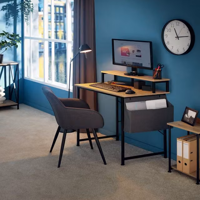 tectake Industrial Computer Desk with Shelf and Fabric Bag in Oak Sonoma and Black, Width: 120 cm