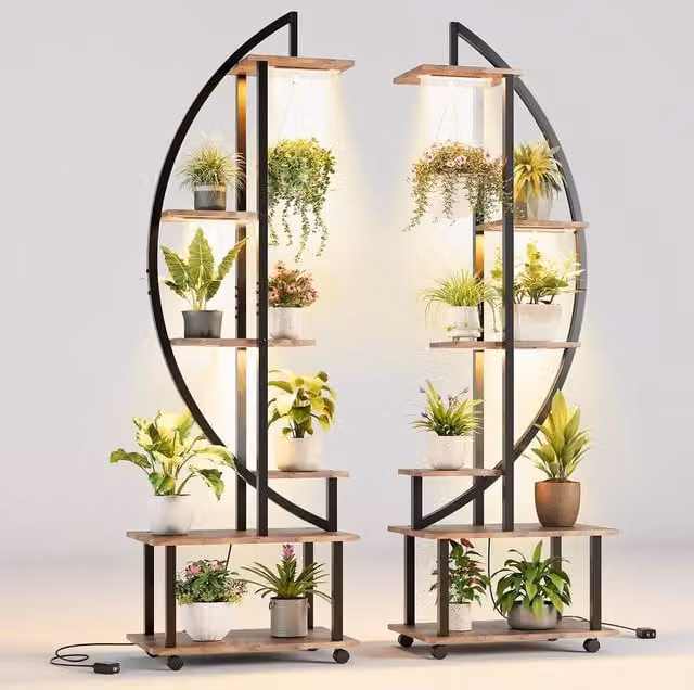 London Boutique 6-Tier Rolling Plant Stand with LED Grow Lights in Brown – 1