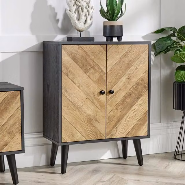Home Source Dallas Mid-Century Geometric 2 Door Black Sideboard Storage Unit