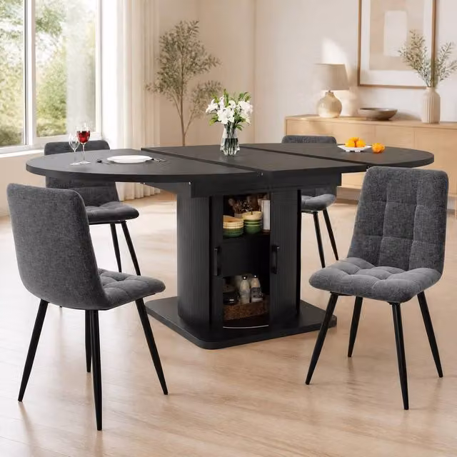STILVORA Extendable Modern Dining Table in Black with Butterfly Leaf and Central Column, W: 118 cm, H: 76 cm
