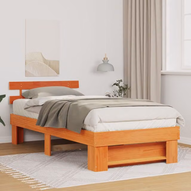 Berkfield Home Solid Pine Wood Bed with Headboard, Brown, W: 90 cm, L: 190 cm – 1