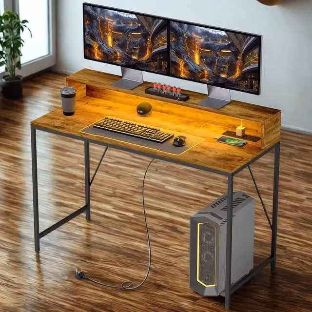 FURNOS Industrial Computer Desk with USB Outlets and LED Lights, Brown, W: 120 cm, H: 76.5 cm, D: 50 cm – 1