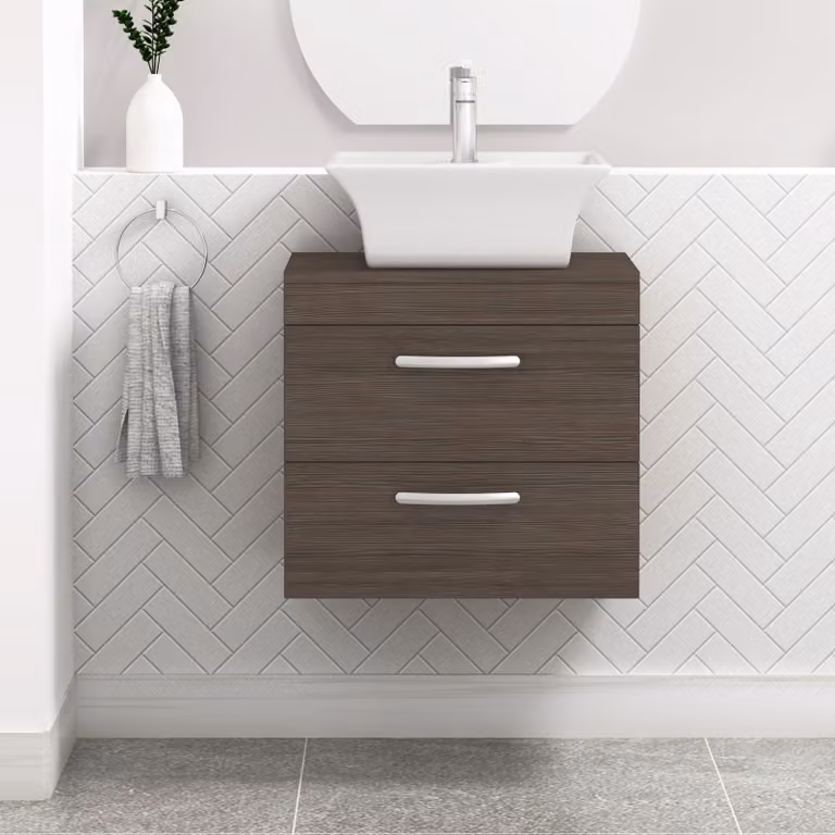 Royal Bathrooms Turin Wall Hung Vanity Unit with 2 Drawers, Grey Elm Matt Finish, Width: 60 cm