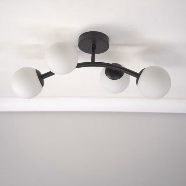 ValueLights Jas 4 Way Ceiling Light in Black with White Frosted Glass Sphere Shades and LED Bulbs – 1