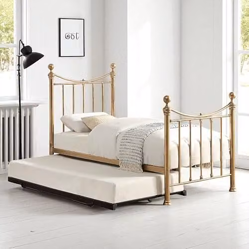 OAT Home Hampstead Victorian Single Metal Guest Bed with Black Trundle in Distressed Antique Brass Effect Gold, H 104 cm x W 90 cm x D 206 cm