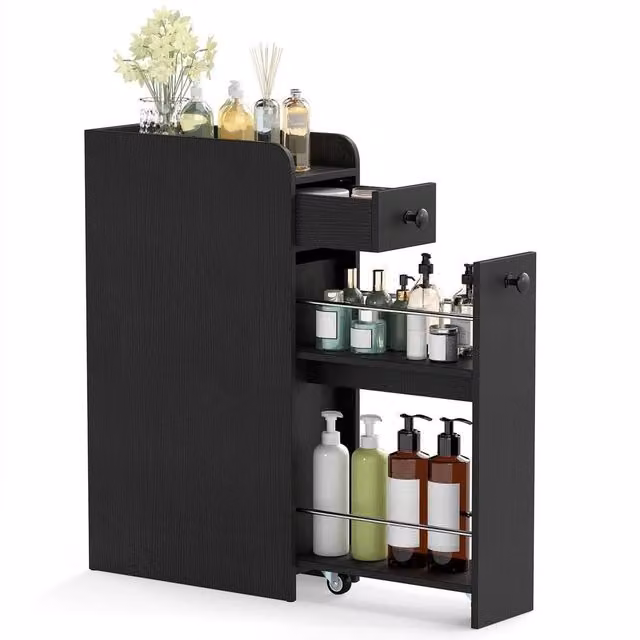 FORGEVIO Narrow Modern Bathroom Storage Cabinet with Slide-Out Drawer in Matt Black Metal