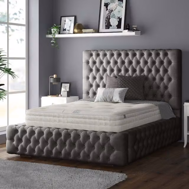 IH Design Royal Cushioned Chesterfield Plush Velvet Bed Frame, Grey, 140 x 200 cm