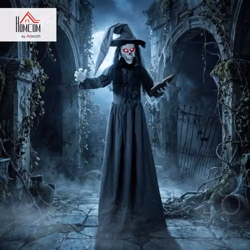 HOMCOM Life Size Animated Halloween Witch Decoration in Black and Grey, Height: 180 cm – 2