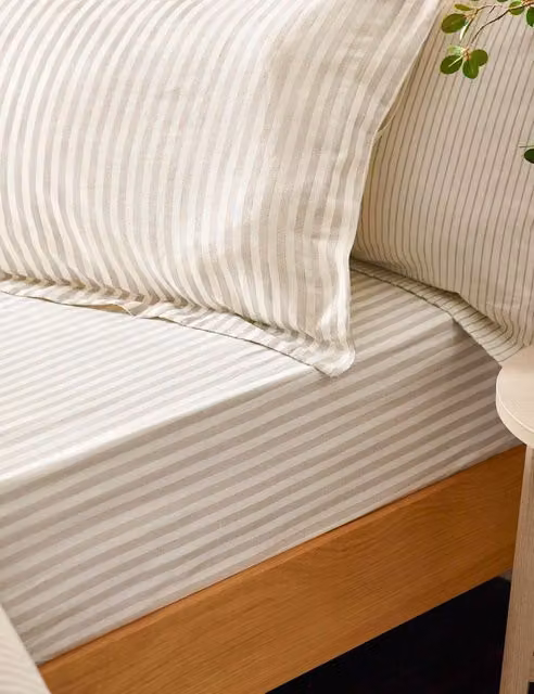 YARD Striped Pure Cotton Fitted Sheet in Beige and Sand, 200 x 200 cm