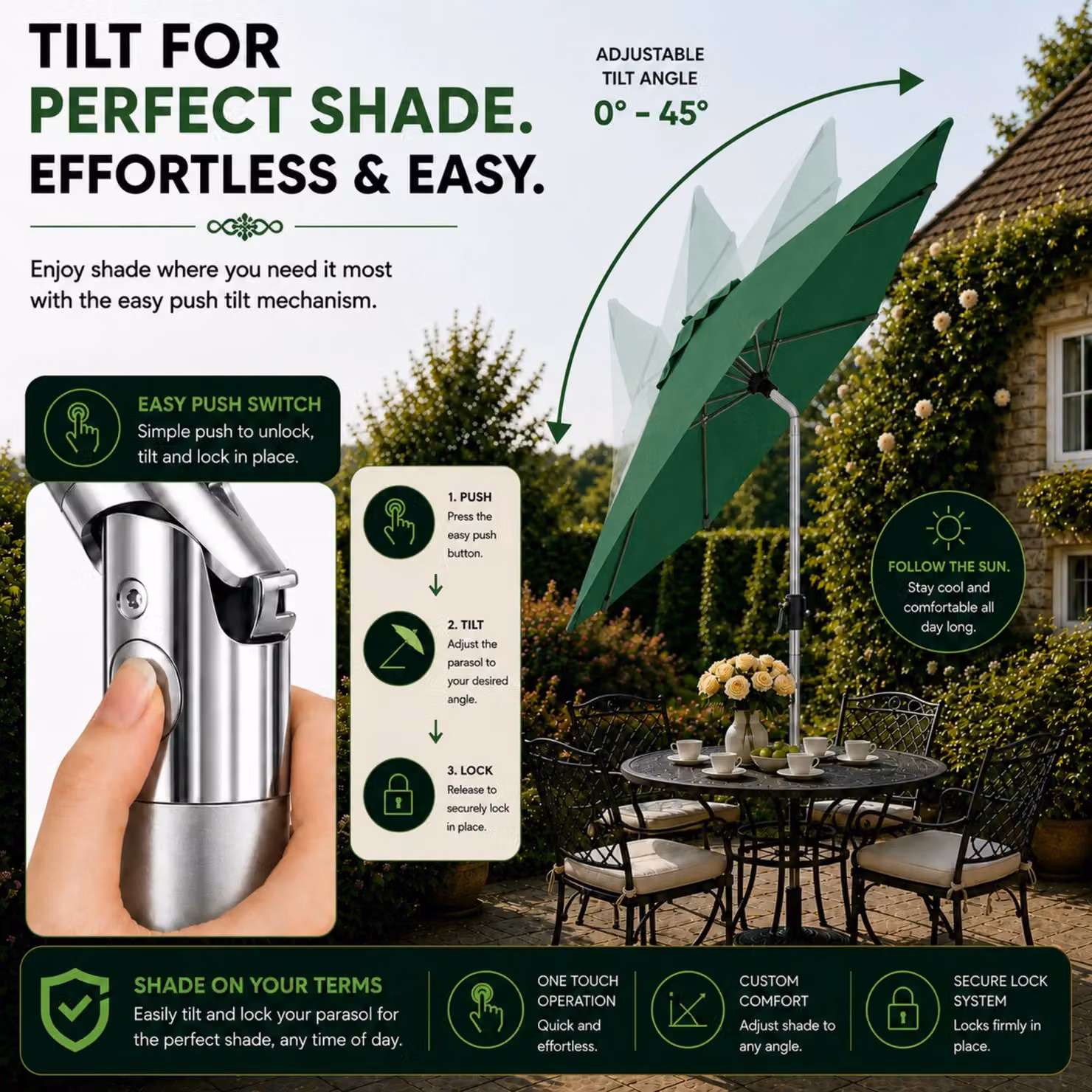Glamhaus Green Garden Table Tilting Parasol with Crank, Waterproof Aluminium Umbrella, H 270 cm x W 235 cm – 5